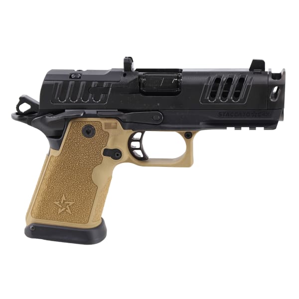 Staccato 2011 C4X Premium Package 9mm 4" DCL Bull Bbl Trijicon Sight X-Serrations AL Trigger &amp; Frame FDE Grip Pistol w/(4) 15rd Mags 20-2701-220107-01