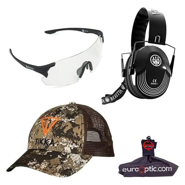 Beretta Challenge EVO Shooting Glasses w/Neutral Lens, Beretta Black Safety Pro Earmuff, &amp; Tikka Wideland Trucker Hat Bundle OC061A2854014HUNI-KIT-HAT