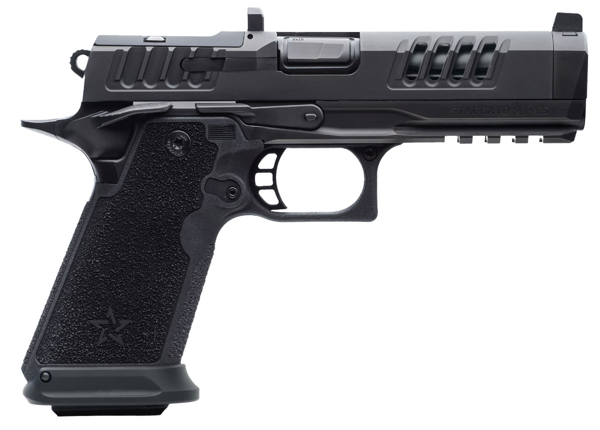 Staccato Premium HD P4.5 9mm DLC Barrel Trijicon Night Sight DLC/DLC Finish 4x Mags w/X-Series Serrations (Magwell) 20-2300-000106-01