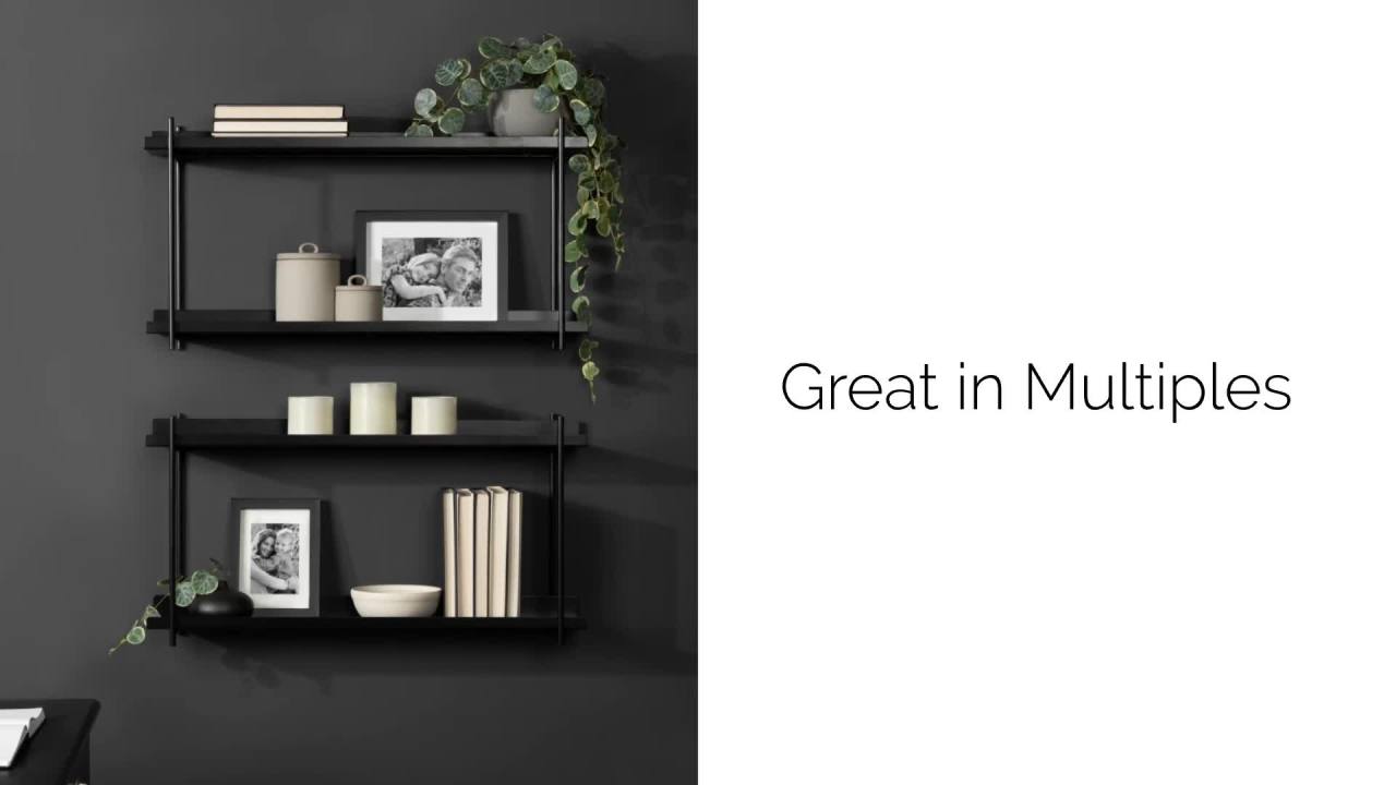 thumbnail video image 2 of Kate and Laurel Dominic Modern Metal Bathroom Shelf, 28 x 7 x 15, Dark Gold, Sleek Glam 2-Tier Floating Shelves for Wall Decor, Display, and Over Toilet Storage, 2 of 9