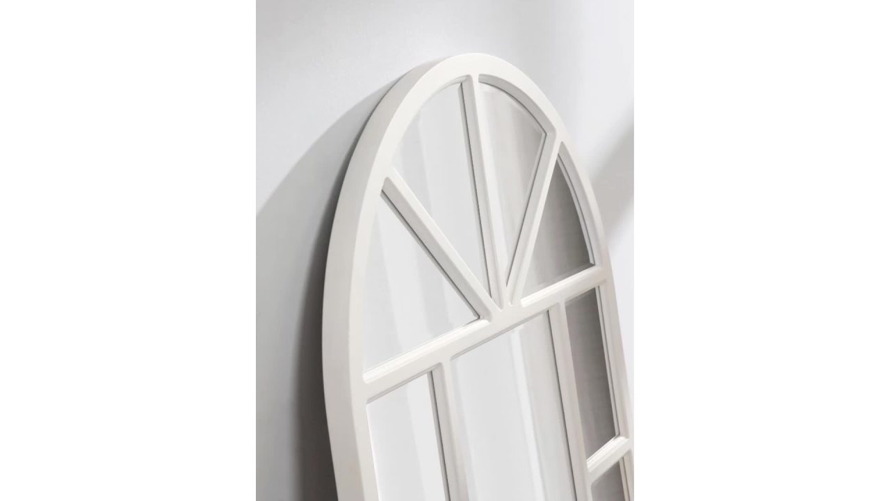 thumbnail video image 2 of Kate and Laurel Hogan Rustic Wood Framed Arched Windowpane Wall Mirror, 24 x 36, White, Decorative Arched Mirror with 11 Panes for Chic Farmhouse Wall Decor, 2 of 8