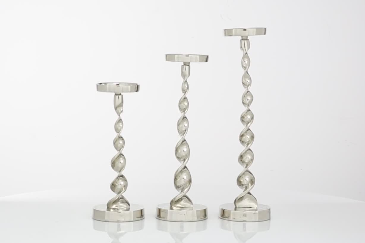 thumbnail video image 2 of DecMode Aluminum Coastal Barley Twist Designed Candleholder Set of 3, 19", 16", 13" H, with High Gloss Silver and Slight Distressed Finish, 2 of 8