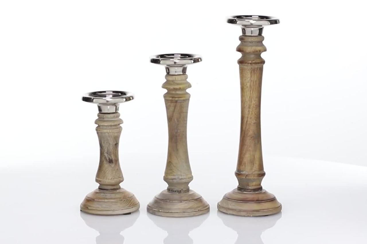 thumbnail video image 2 of DecMode 3 Candle Brown Mango Wood Candle Holder, Set of 3, 2 of 11