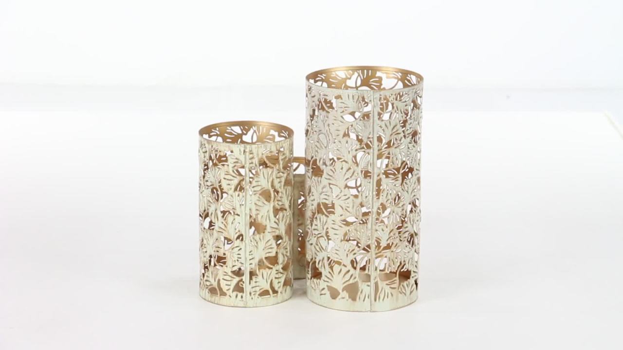 thumbnail video image 2 of DecMode Set of 3 6", 9", 12"H,  Elegant Gold Metallic Eclectic Leaves Candleholder/Lantern, 2 of 8