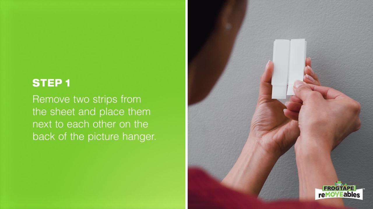 thumbnail video image 2 of FrogTape reMOVEables Adjustable Picture Hanger Wall Hook, 1 Hanger and 4 Adhesive Strips, 2 of 12