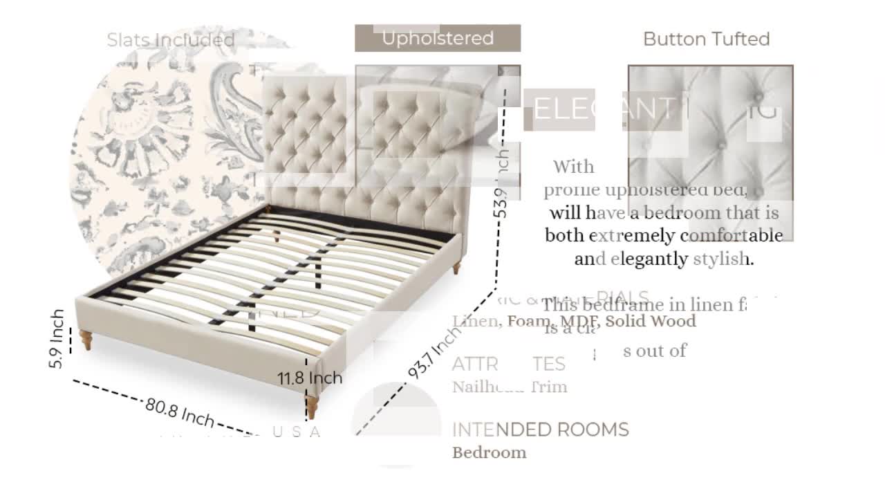 thumbnail video image 2 of Rustic Manor Selina Tufted Linen Twin Size Bed Frame, No Box Spring Needed, Grey, 2 of 9