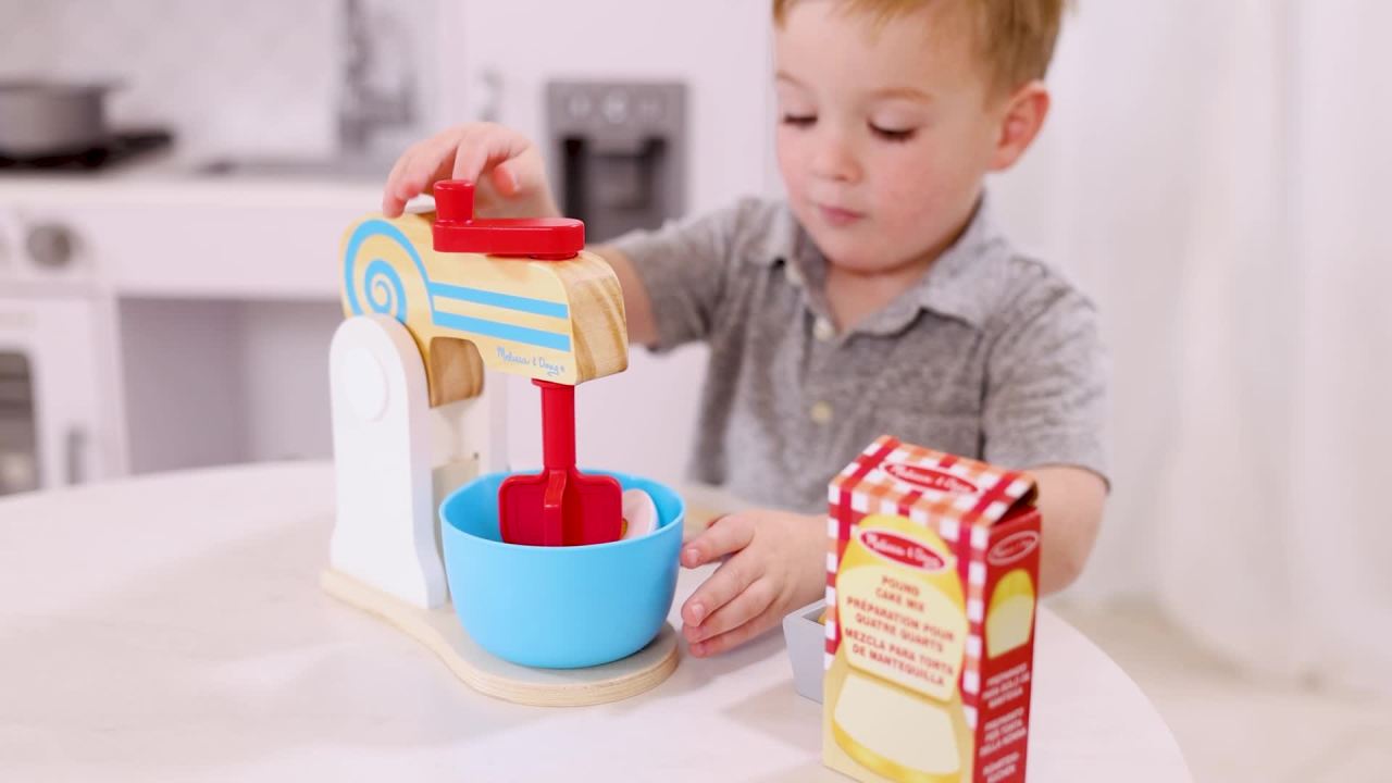 thumbnail video image 2 of Melissa & Doug Wooden Make-a-Cake Mixer Set (11 pcs) - Play Food and Kitchen Accessories - FSC Certified, 2 of 10