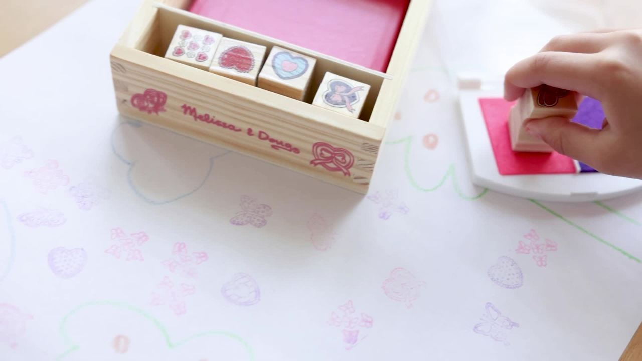 thumbnail video image 2 of Melissa & Doug Butterfly and Heart Wooden Stamp Set: 8 Stamps and 2-Color Stamp Pad, 2 of 10