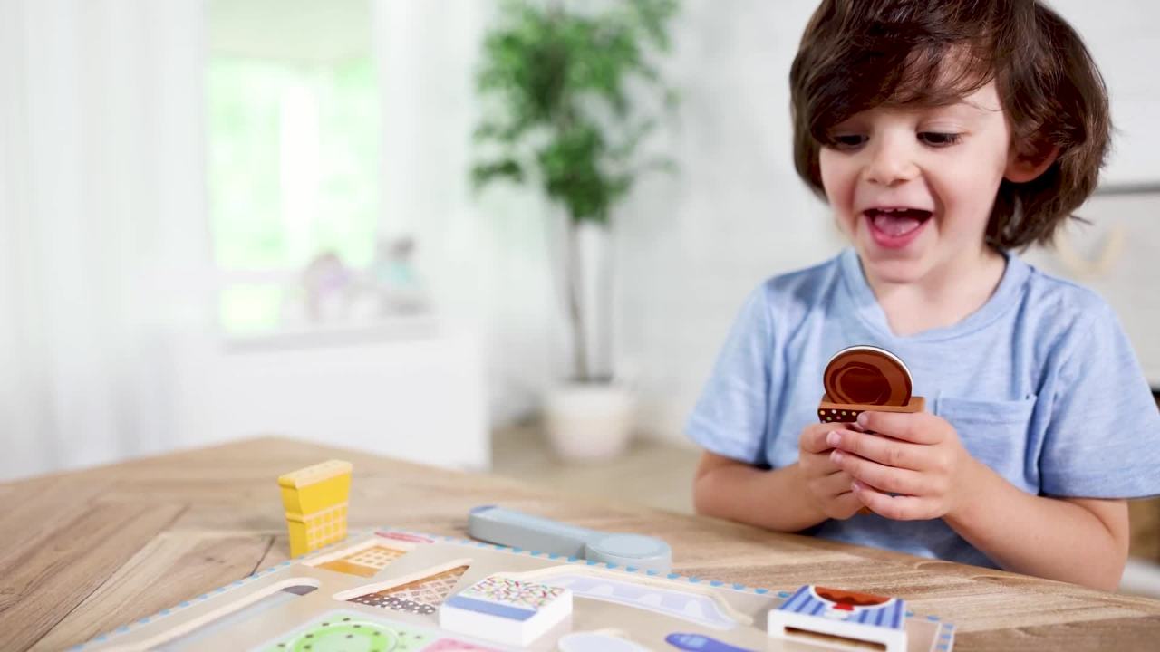 thumbnail video image 3 of Melissa & Doug Ice Cream Wooden Magnetic Puzzle Play Set, 16 Magnet Pieces, Play Food Toy for Boys and Girls Ages 2+, 3 of 11