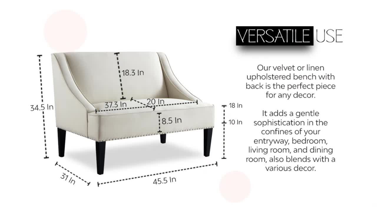 thumbnail video image 2 of Inspired Home Rayna Light Grey Linen Bench - Upholstered | Swoop Arm, 2 of 11