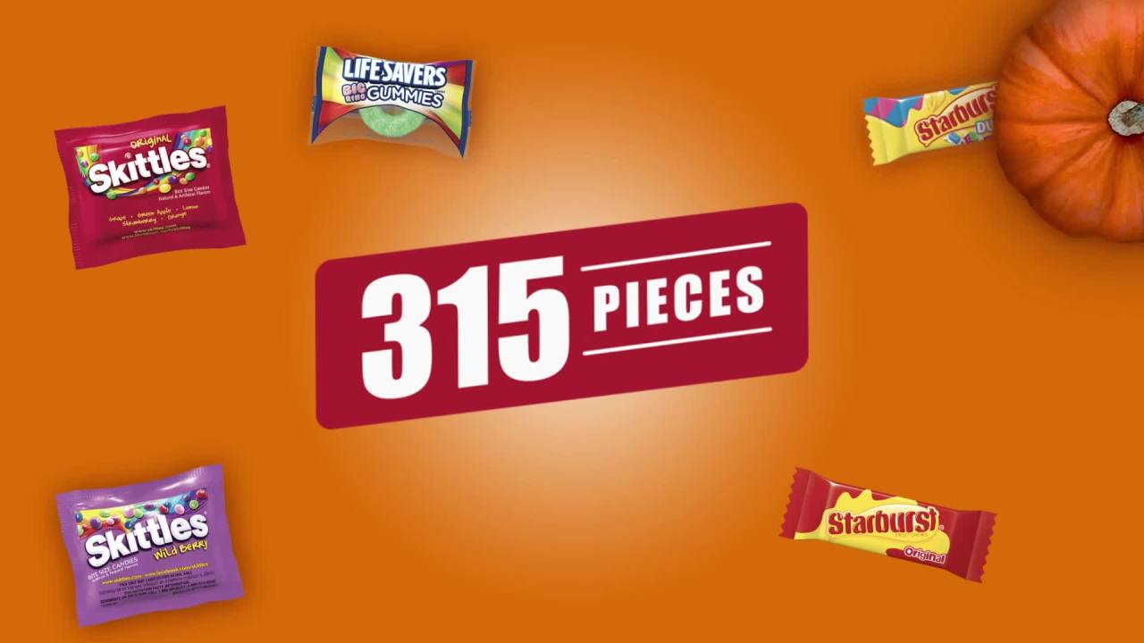 thumbnail video image 2 of Skittles & More Assorted Fun Size Bulk Halloween Candy Bag - 97.68oz/315ct, 2 of 13