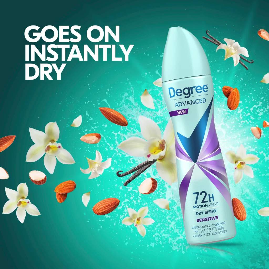 thumbnail video image 2 of Degree Advanced Long Lasting Antiperspirant Deodorant Dry Spray Sensitive, Almond and Vanilla, 3.8 oz, 2 of 10