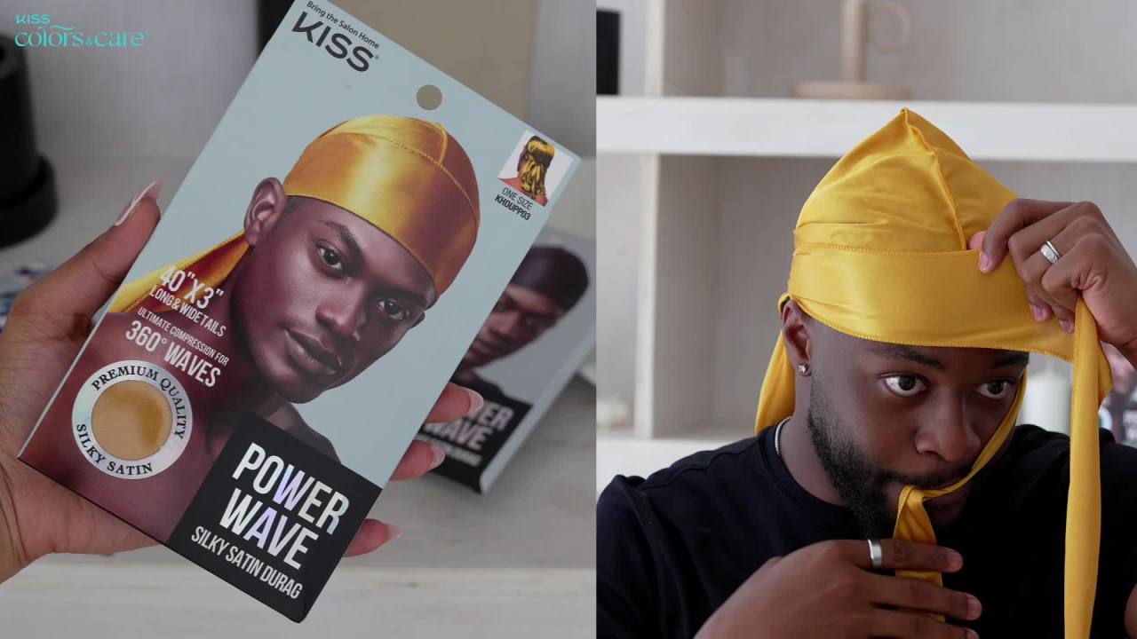 thumbnail video image 2 of KISS Colors & Care Power Wave Satin Du Rag, Luxe Black & Gold Hat, 2 of 9
