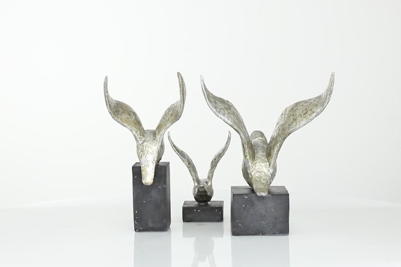 thumbnail video image 2 of 14", 9", 14"H Silver Polystone Bird Sculpture, by DecMode (3 Count), 2 of 10