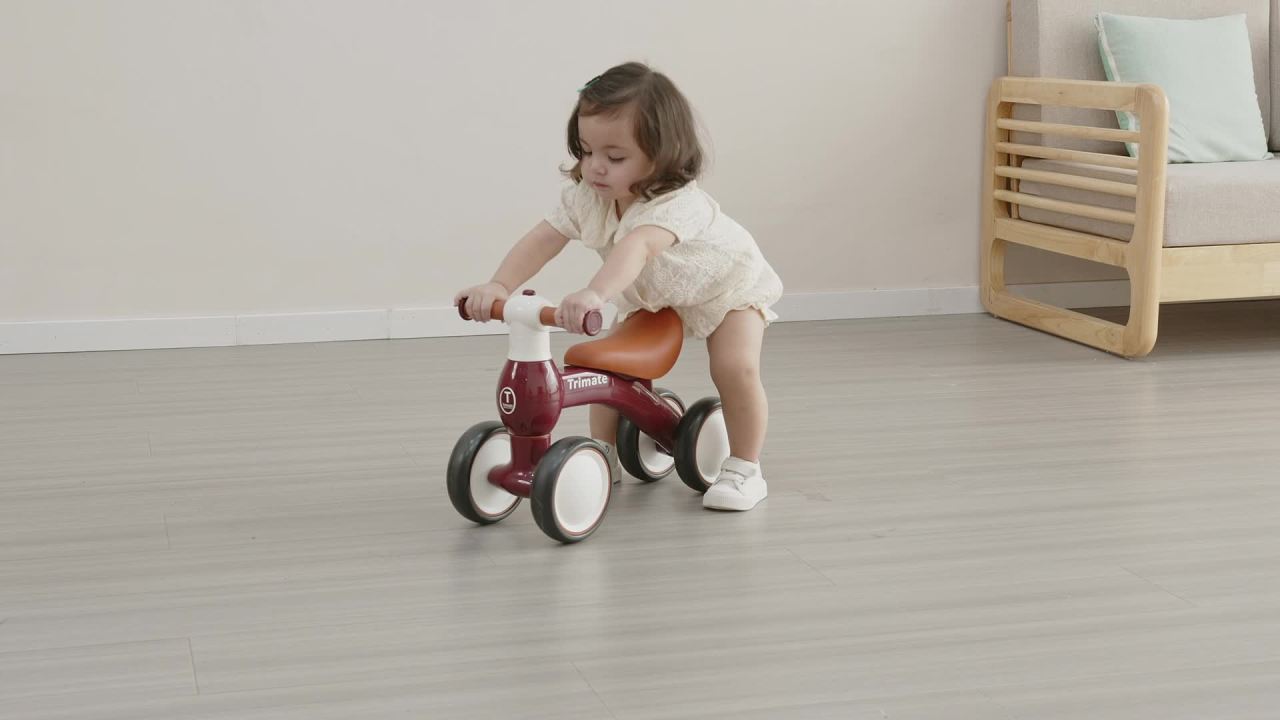 thumbnail video image 2 of Trimate Baby Walker Balance Bike, Wine Red - Perfect Ride-On Toy for 1-Year-Olds, with 4 Wheels, Ideal for Boys and Girls (12-24 Months), 2 of 8
