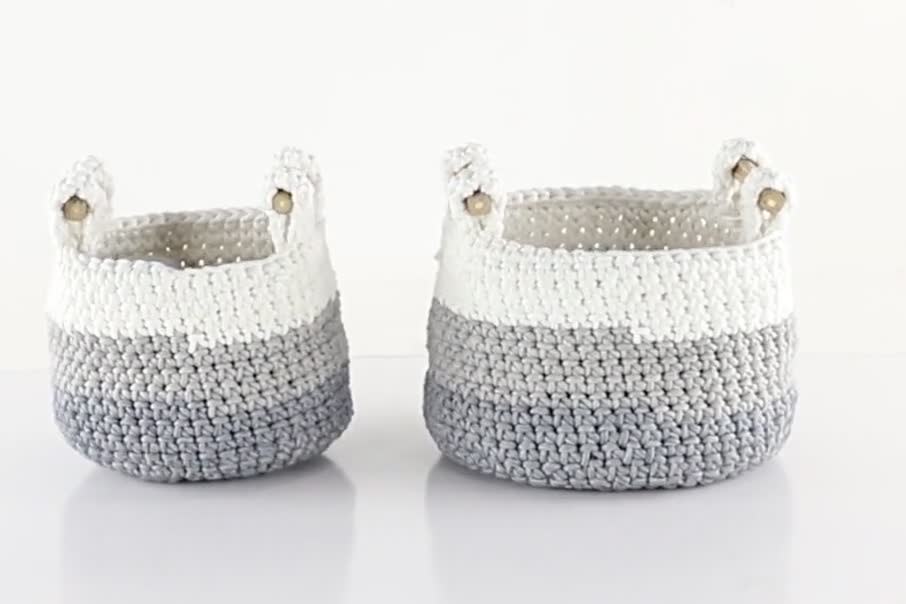 thumbnail video image 2 of DecMode 13", 12"H White Polyester Handmade Ombre effect Storage Basket with Handles, 2-Pieces, 2 of 10