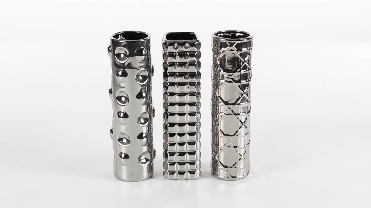 thumbnail video image 2 of DecMode 4"W, 12"H Geometric Silver Ceramic Vase with Varying Patterns, Set of 3, 2 of 14