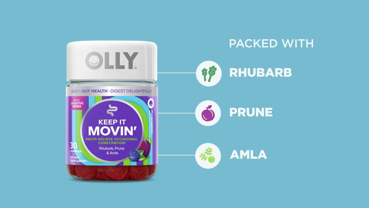 thumbnail video image 3 of OLLY Keep it Movin, Occasional Constipation Gummy Supplement, Laxative Herb Rhubarb, 30 Count, 3 of 17