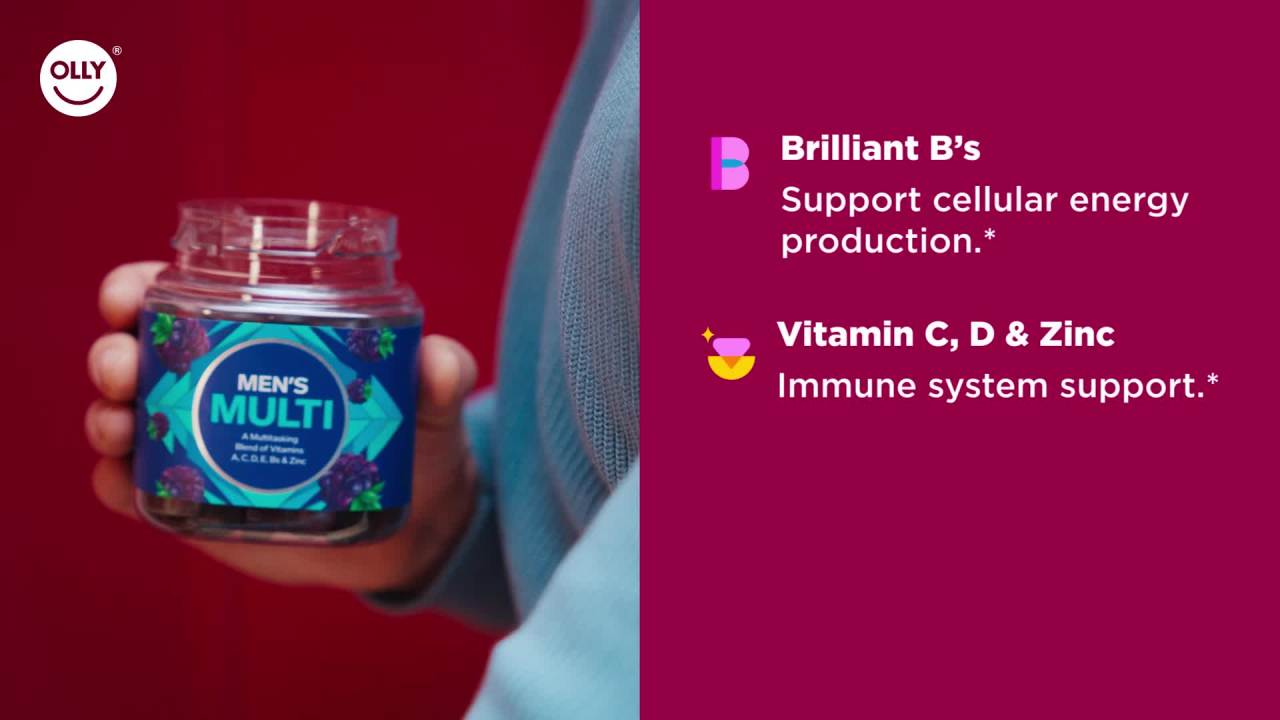 thumbnail video image 3 of OLLY Men's Multivitamin Gummy, Vitamin A, C, D, E, B, Zinc, Wellness Supplement, 90 Ct, 3 of 16