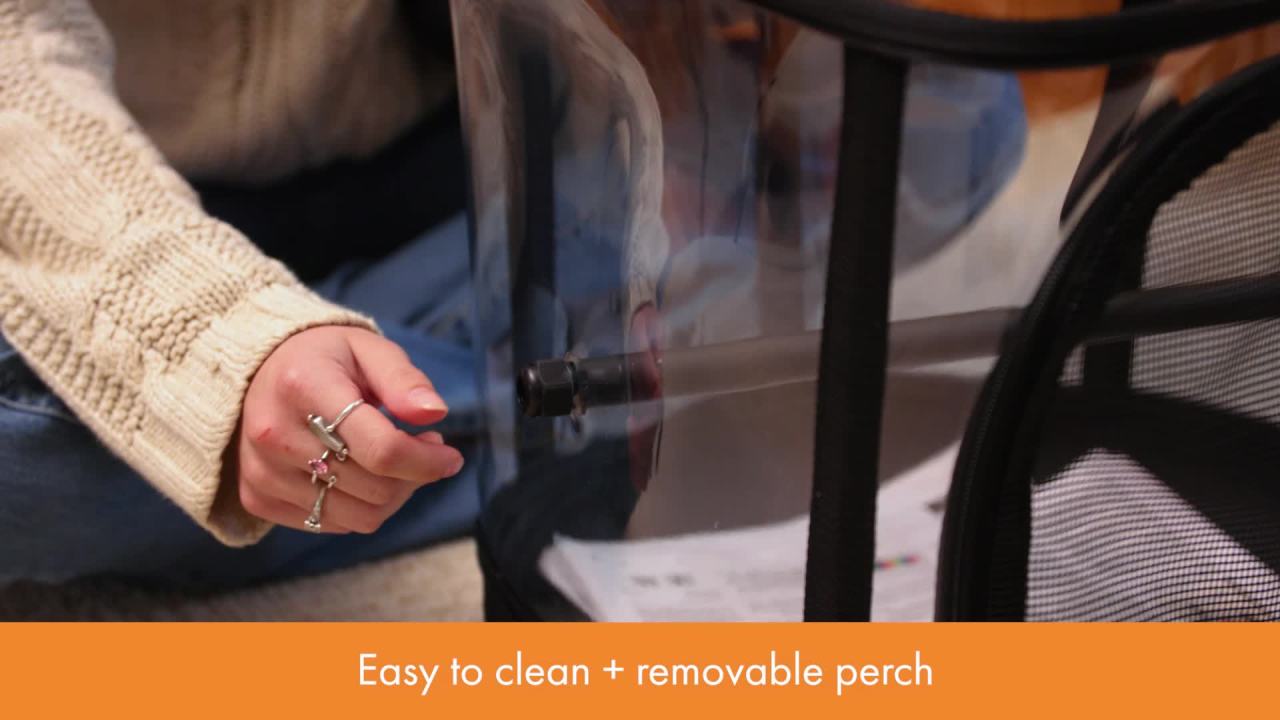 thumbnail video image 2 of K&H Pet Products Mod Bird Carrier Travel Cage with Stand, 360 View Transparent Breathable Pet Bird Travel Carrier with Removable Bird Perch - Gray/Clear 17 x 17 x 15.5 Inches, 2 of 8