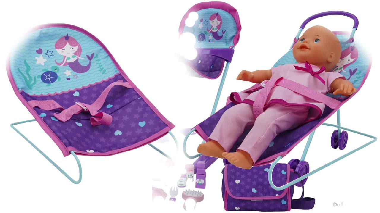 thumbnail video image 2 of 509 Mermaid 19 Piece Doll Travel, Feed, Sleep n Play Set - Folding Doll Stroller, Bouncer, Highchair, Diaper Bag/Handbag, Kids 3+, 2 of 7