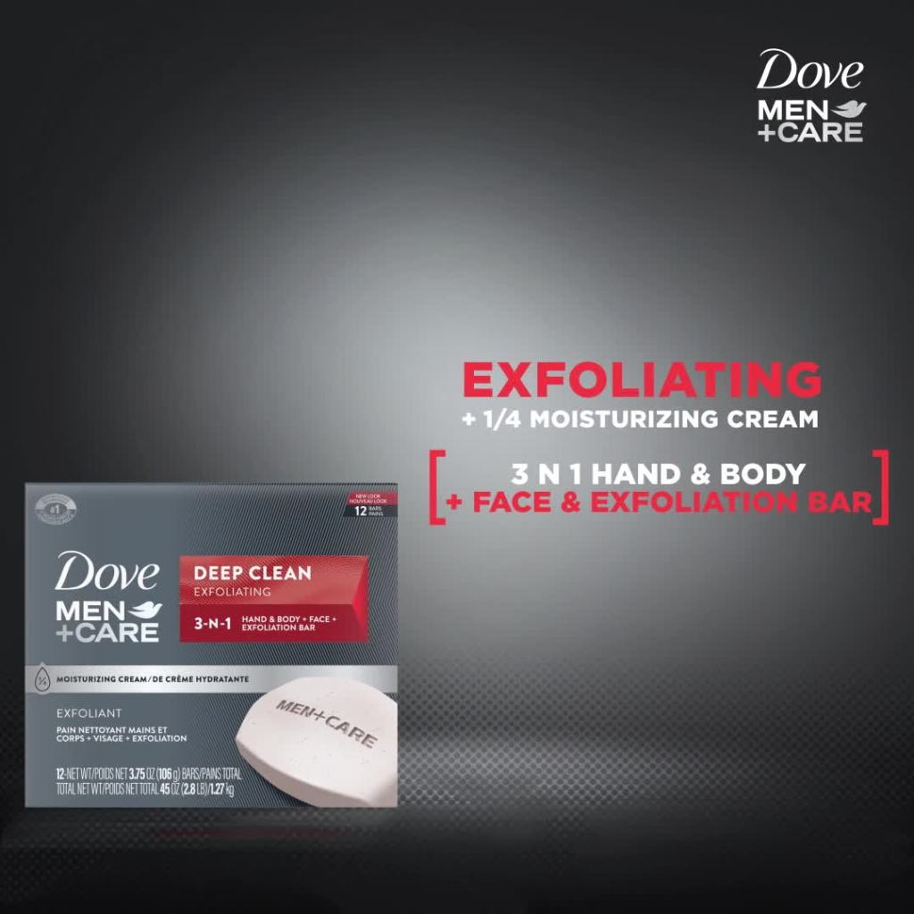 thumbnail video image 3 of Dove Men+Care 3-in-1 Hand & Body + Face + Exfoliation Bar for Dry Skin, Deep Clean, 3.75 oz (12 Bars), 3 of 11