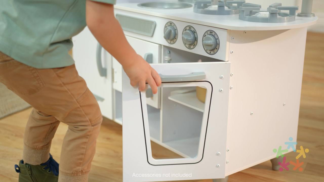 thumbnail video image 2 of KidKraft Vintage Wooden White Play Kitchen with Ice Maker & Play Phone, 2 of 12