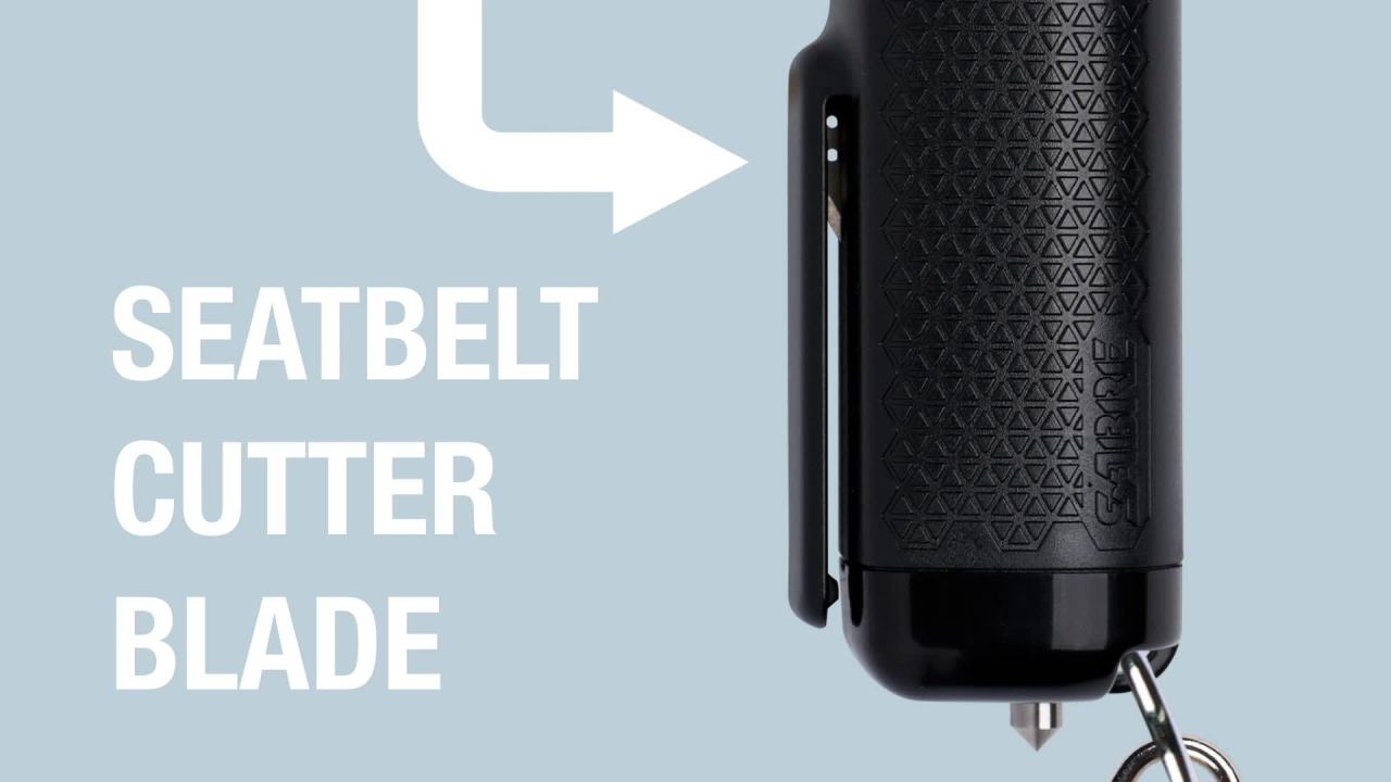 thumbnail video image 2 of SABRE Safe Escape 3-in-1 Pepper Gel w/ Seat Belt Tool & Window Breaker, Pocket Pepper Sprays, Mint, 2 of 8