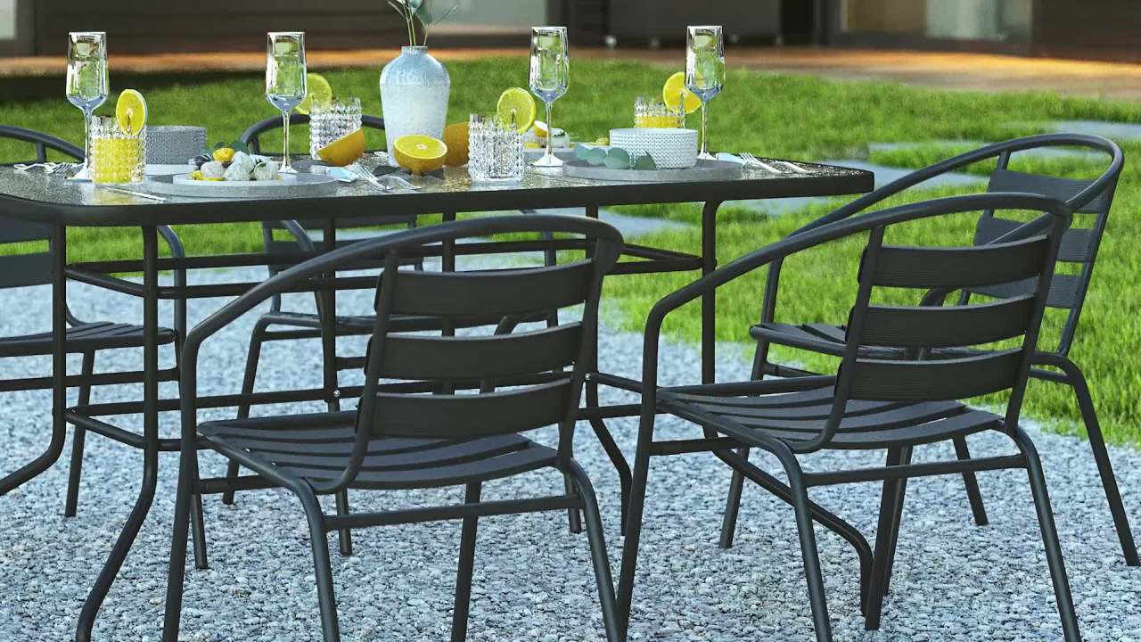 thumbnail video image 2 of Flash Furniture Lila 7-Piece Glass Rectangular Patio Table and Slat Back Chairs Set, Black, 2 of 12