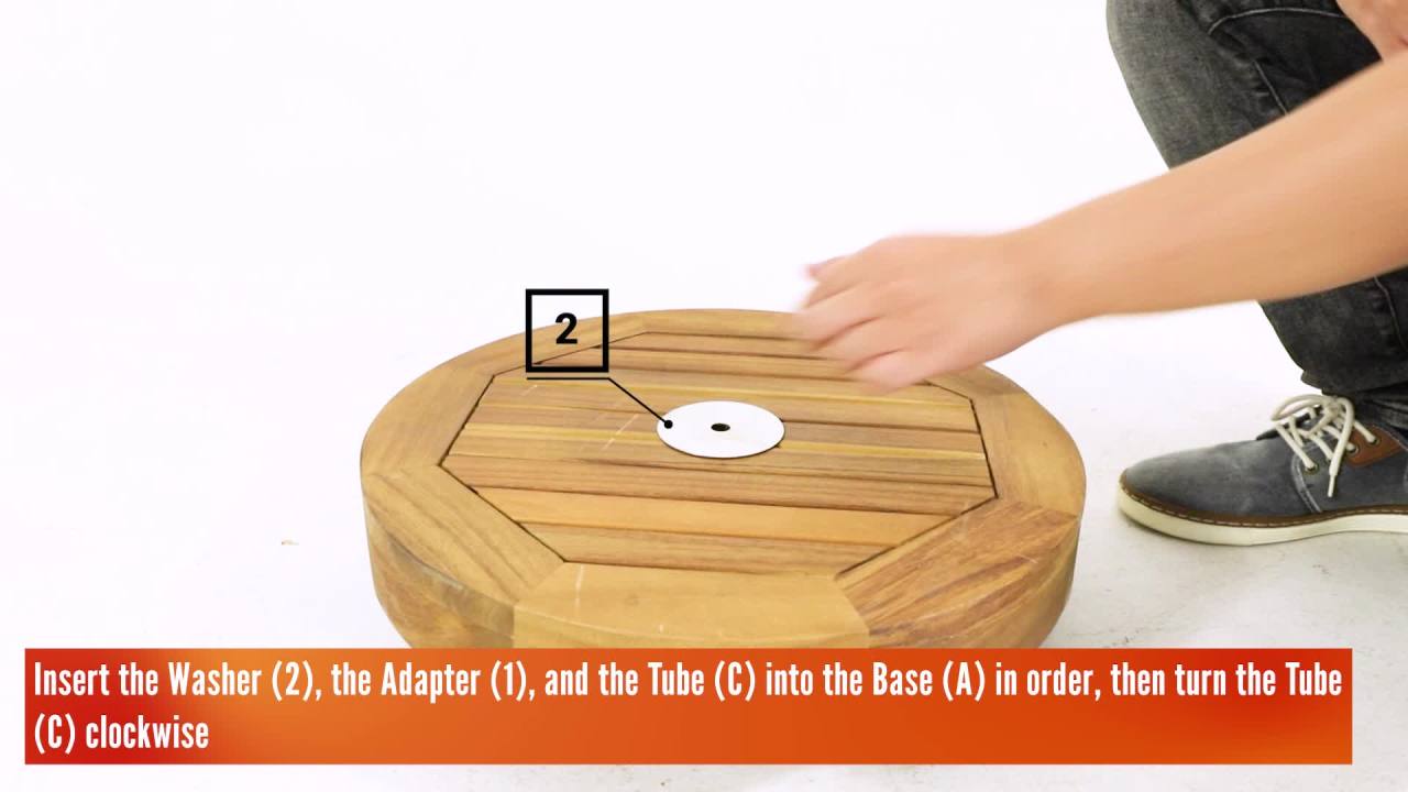 thumbnail video image 2 of Hanville Acacia Wood Outdoor 33lb Circular Umbrella Base with Stainless Steel Tube, Teak, 2 of 9