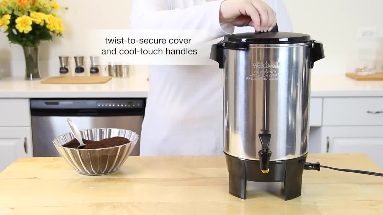 thumbnail video image 2 of West Bend Commercial Large Capacity Coffee Urn, 30-Cup Coffee Maker with Automatic Temperature Control, in Silver (58030), 2 of 16