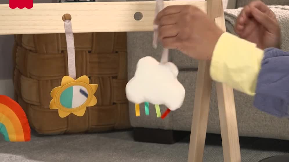 thumbnail video image 3 of Fisher-Price Wooden Activity Gym, Wood Frame with 3 Sensory Toys & Mat for Newborn Babies, 3 of 9
