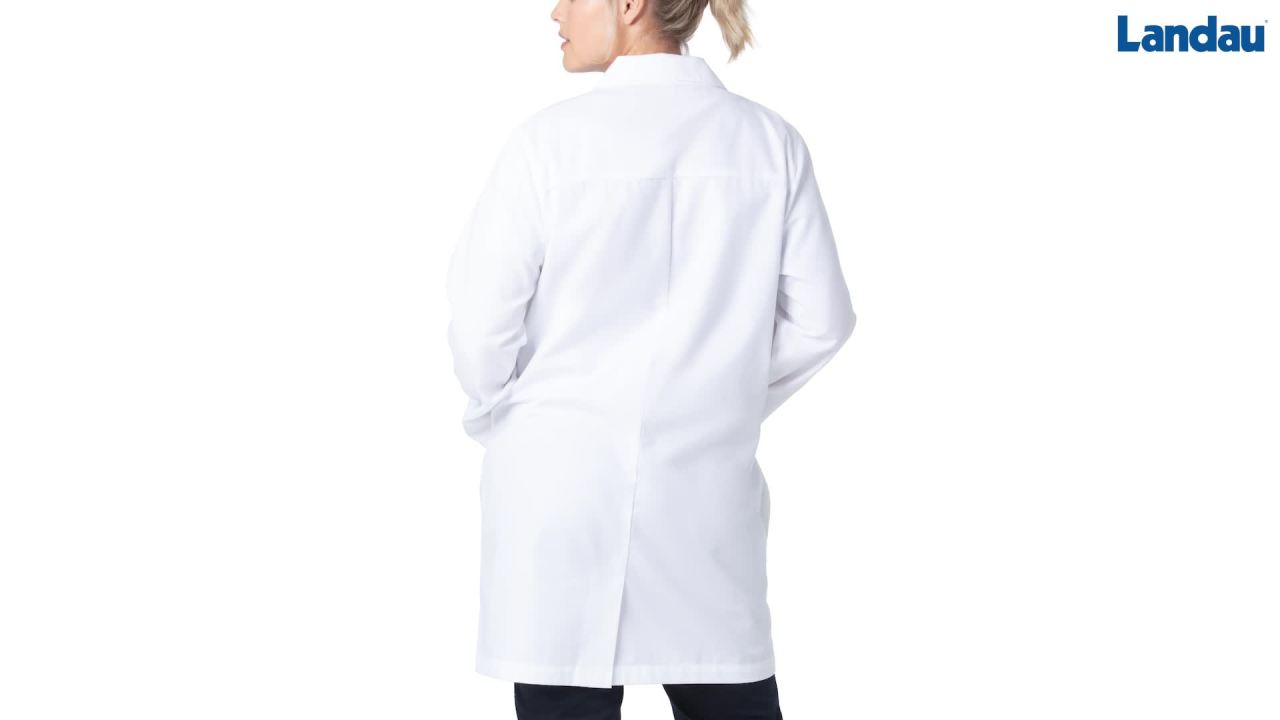 thumbnail video image 2 of Landau Essentials Three-Pocket Lab Coat for Women: Modern Tailored Fit, Mid-Length, Button Closure 3600SC, 2 of 7