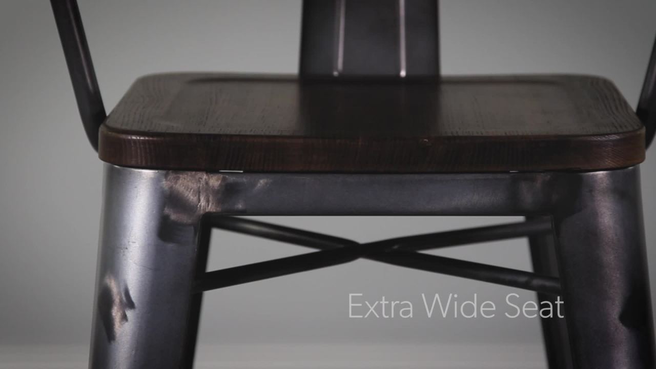 thumbnail video image 2 of OFM 161 Collection Industrial Modern 4 Pack 26" Mid Back Metal Stools with Arms and Solid Ash Wood Seats, Galvanized Steel Bar Stools with Oversized Seats, in Black/Walnut (161-26A-BK-WNT-4), 2 of 17