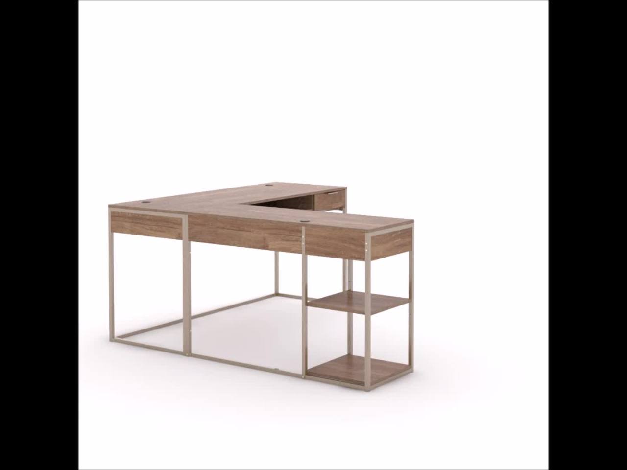 thumbnail video image 2 of Sauder International Lux Modern L-Shaped Desk with Gold Frame, Sindoori Mango Finish, 2 of 12
