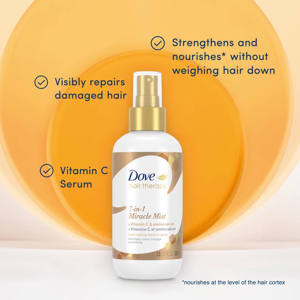 thumbnail video image 2 of Dove Hair Therapy 7-in-1 Miracle Mist Women's Hairspray with Vitamin C and Amino Serum, 7.5 fl oz, 2 of 9