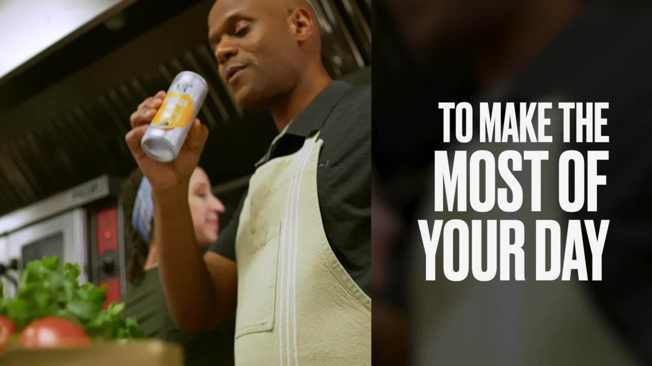 thumbnail video image 2 of V8 +Energy Sparkling Orange Pineapple Juice Energy Drink, 11.5 fl oz Can, 4 Count, 2 of 13