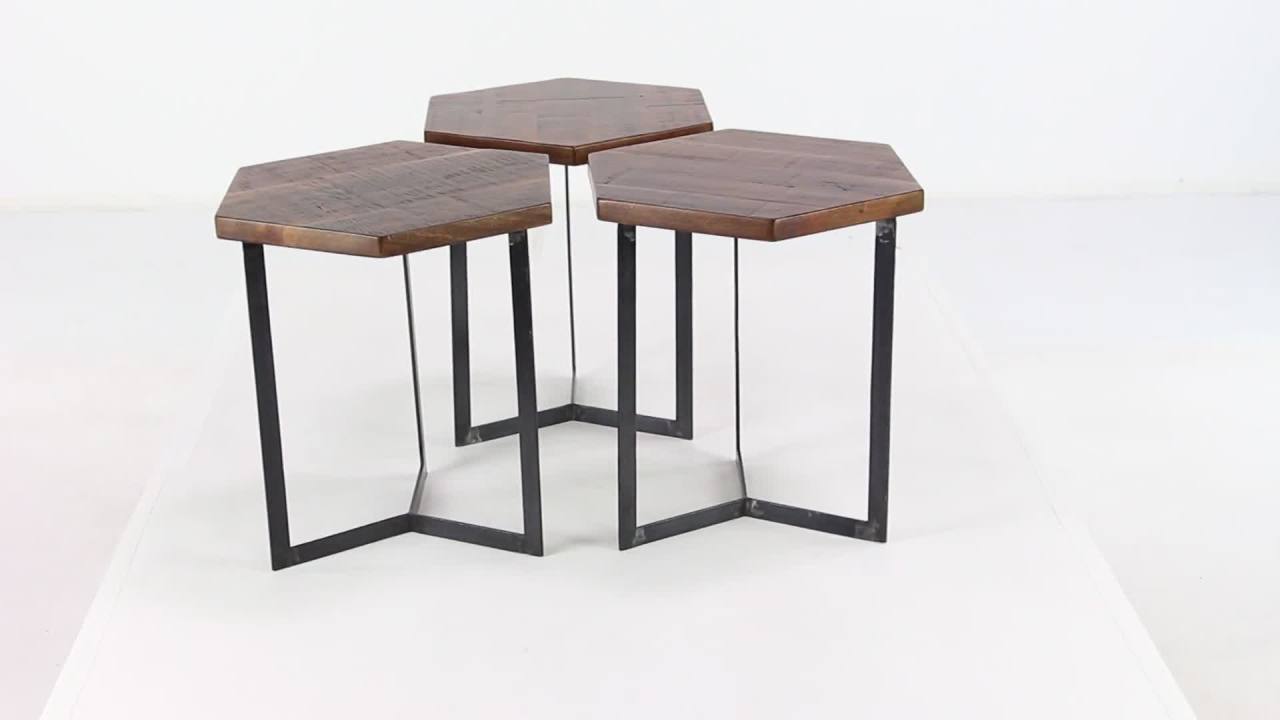 thumbnail video image 2 of DecMode 15" x 18" Brown Mango Wood Accent Table with Black Metal Y-Shaped Bases, 3-Pieces, 2 of 8