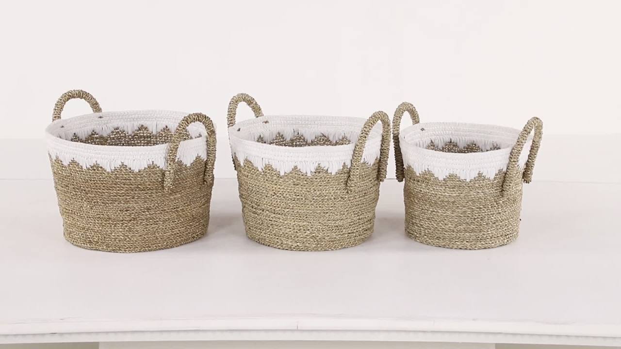 thumbnail video image 2 of DecMode 17", 16", 14" Brown Sea Grass Natural Storage Basket, 3 - Pieces, 2 of 10