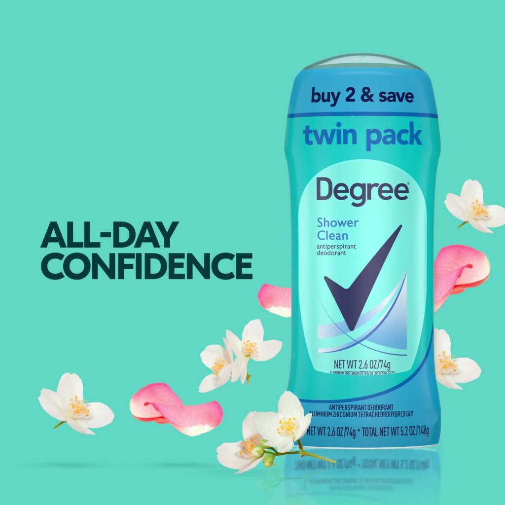thumbnail video image 2 of Degree Antiperspirant Deodorant for Women Shower Clean, 2.6 oz 2 Count, 2 of 5