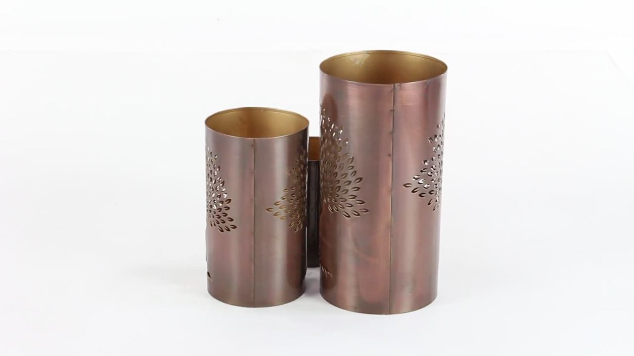 thumbnail video image 2 of DecMode 3 Holder Copper Metal Tree Cutout Decorative Candle Lantern, Set of 3, 2 of 12