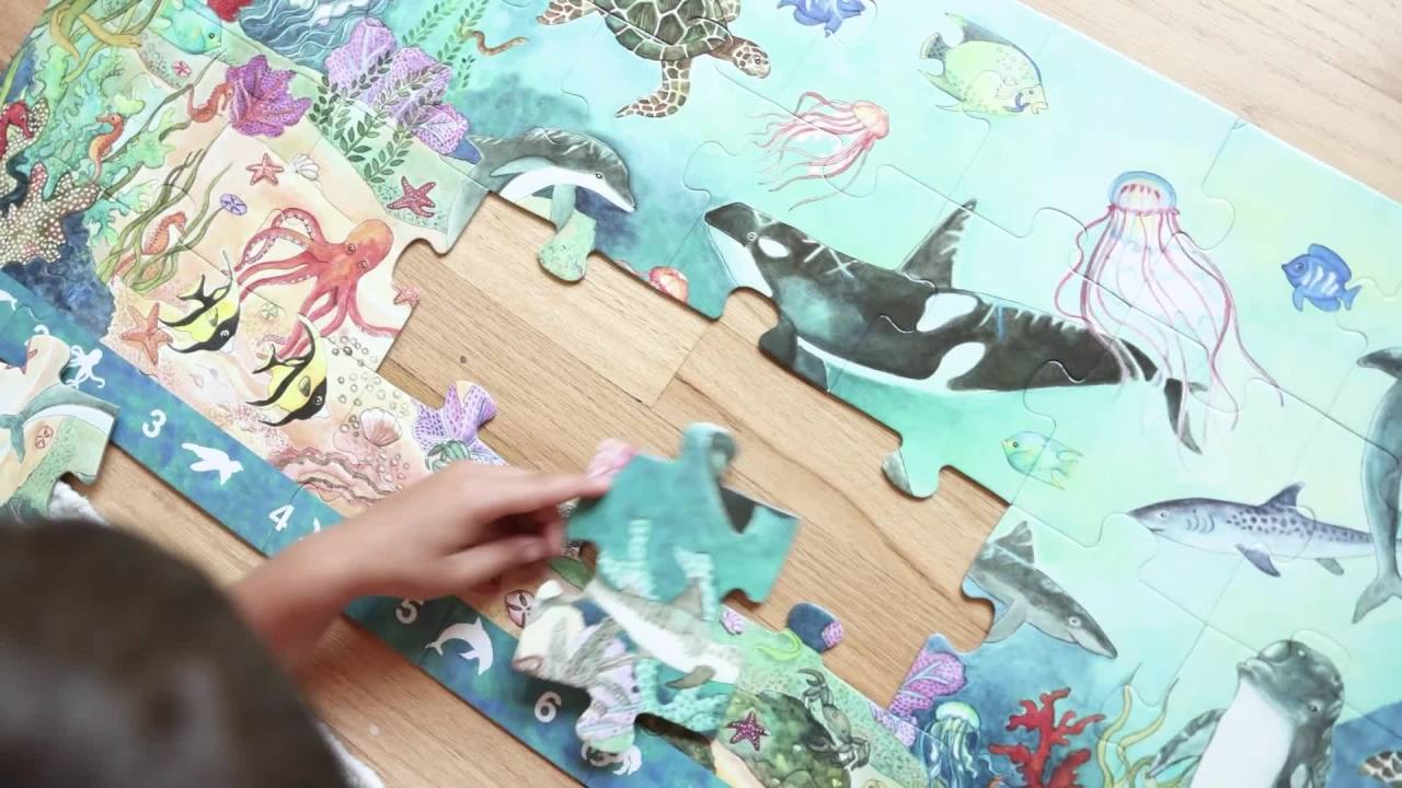 thumbnail video image 2 of Melissa & Doug Search and Find Beneath the Waves Floor Puzzle (48 pcs, over 4 feet long) - FSC Certified, 2 of 10