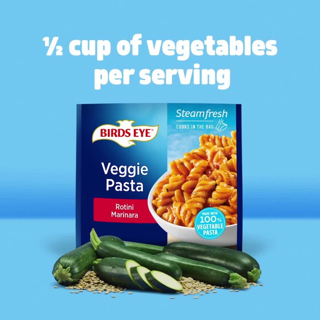 thumbnail video image 2 of Birds Eye Veggie Pasta Rotini with Marinara Sauce, Frozen Side, 10 oz. Bag, 2 of 9