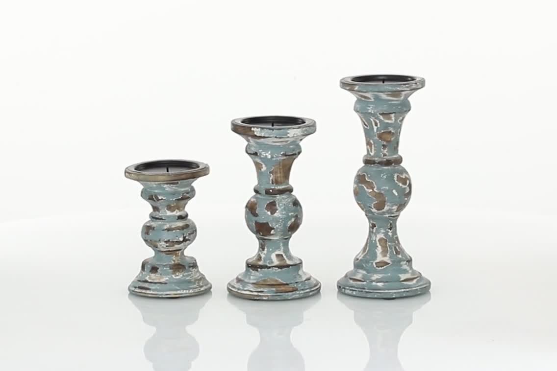 thumbnail video image 2 of DecMode 3 Candle Light Blue Wood Candle Holder, Set of 3, 2 of 10