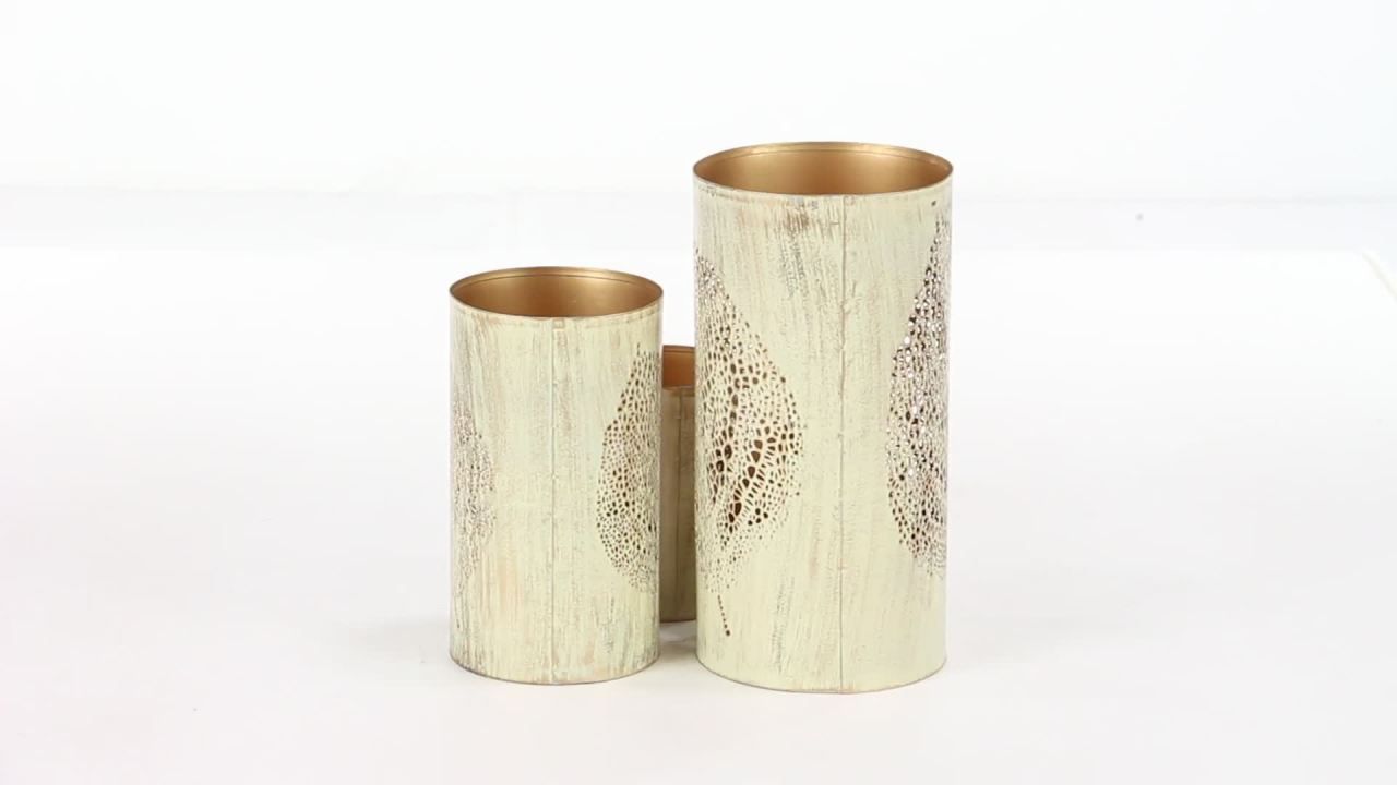 thumbnail video image 2 of DecMode 3 Holder Gold Metal Leaf Cutout Decorative Candle Lantern with Gold Interior, Set of 3, 2 of 11