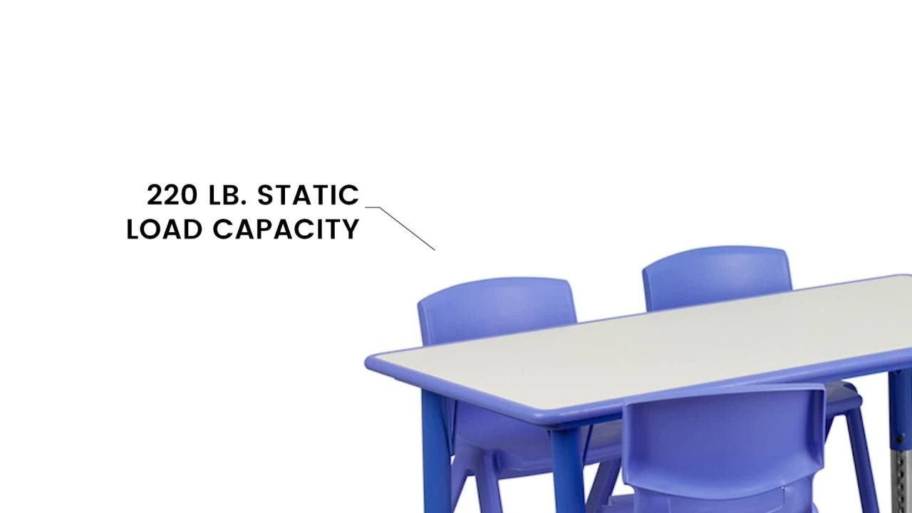 thumbnail video image 2 of Flash Furniture 23.625''W x 47.25''L Rectangular Green Plastic Height Adjustable Activity Table Set with 4 Chairs, 2 of 7