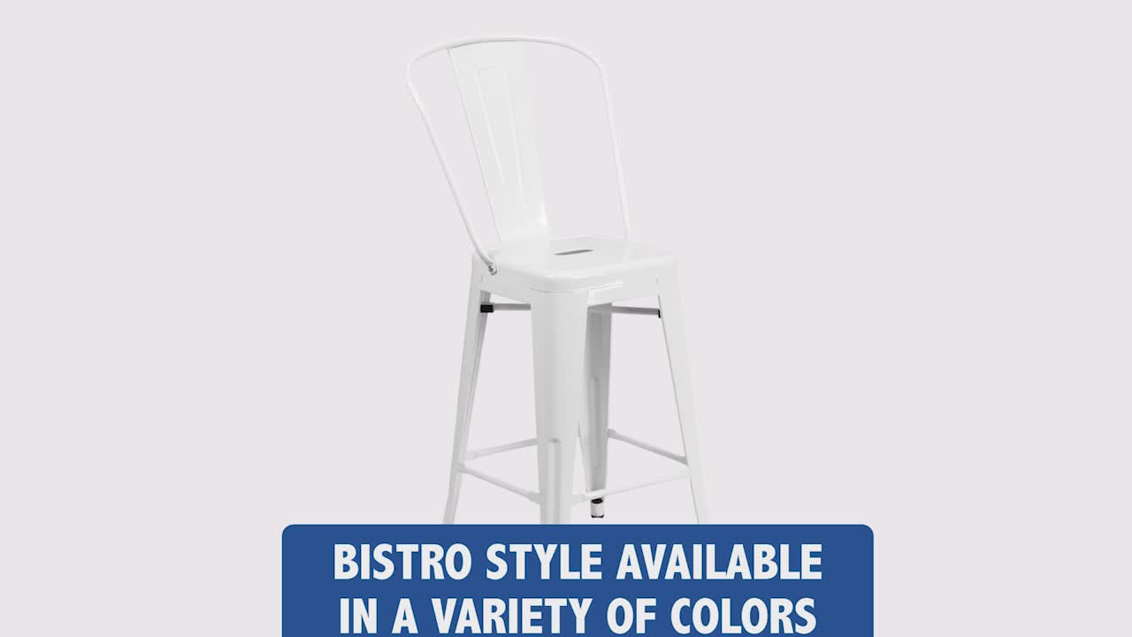 thumbnail video image 2 of Flash Furniture Commercial Grade 24" High White Metal Indoor-Outdoor Counter Height Stool with Removable Back, 2 of 13