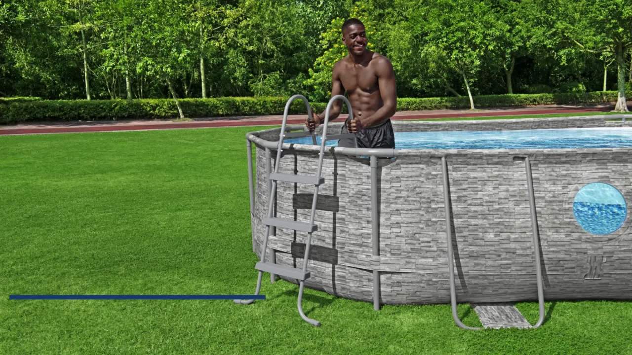 thumbnail video image 2 of Bestway: Above Ground Swimming Pool Ladder - 42" - Gray, Corrosion-Resistant Metal Frame, Heavy-Duty Plastic Steps, Quick Assembly Outdoor Accessory, 2 of 19