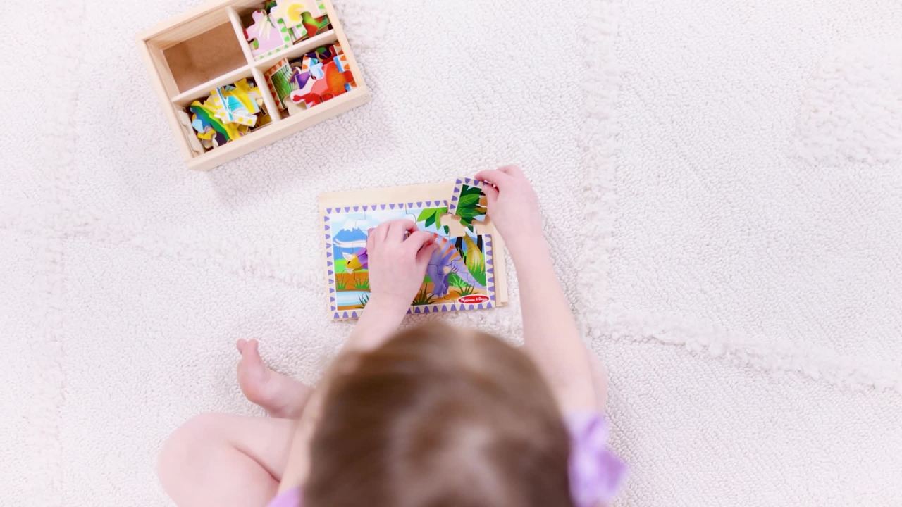 thumbnail video image 2 of Melissa & Doug Dinosaurs 4-in-1 Wooden Jigsaw Puzzles in a Storage Box (48 pcs) - FSC Certified, 2 of 10