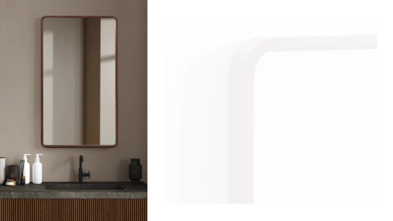 thumbnail video image 2 of Kate and Laurel Valenti Transitional Rounded Rectangle Wooden Wall Mirror, 24 x 30, Walnut Brown, Sophisticated Modern Transitional Round Rectangular Mirror with Narrow Frame, 2 of 8